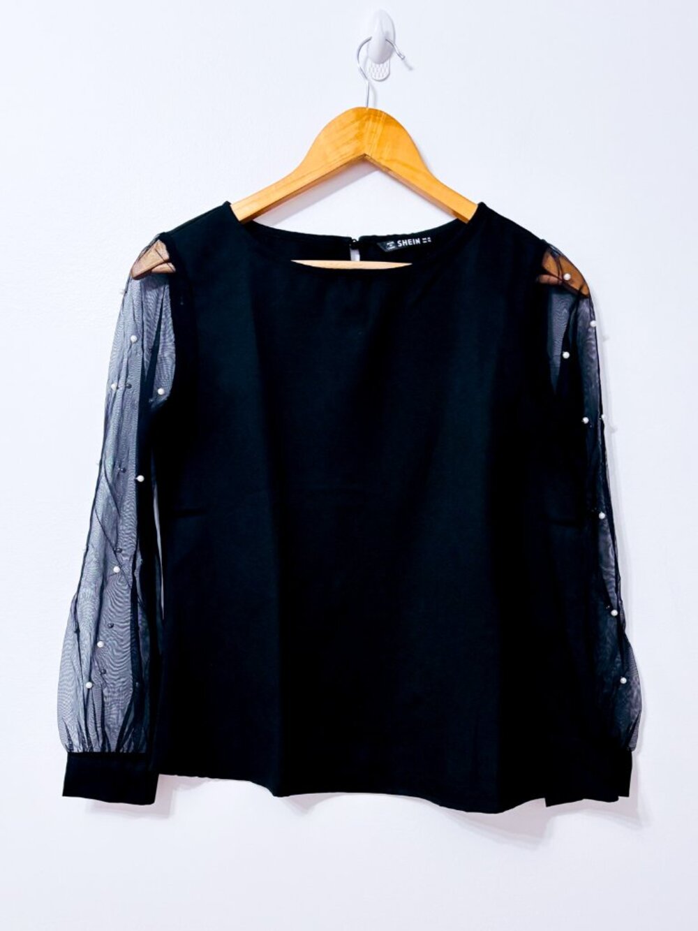 SHEIN Black Sheer Sleeve Blouse | Pearl Mesh Feminine | X-Small